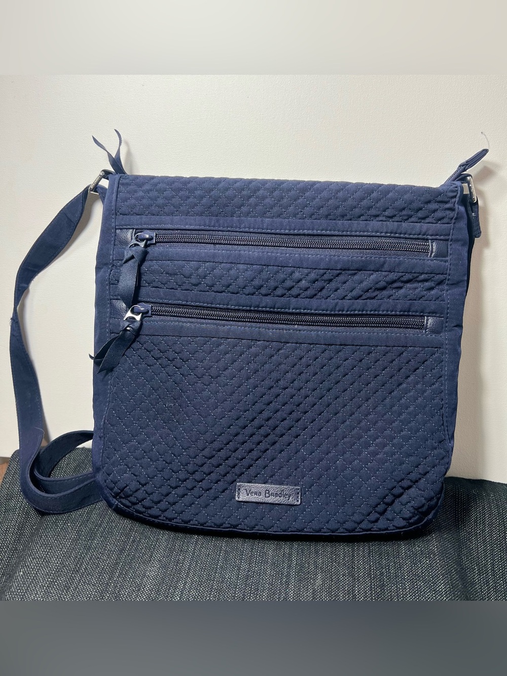 Vera Bradley Microfiber Triple Zipped Navy Crossbody Messenger